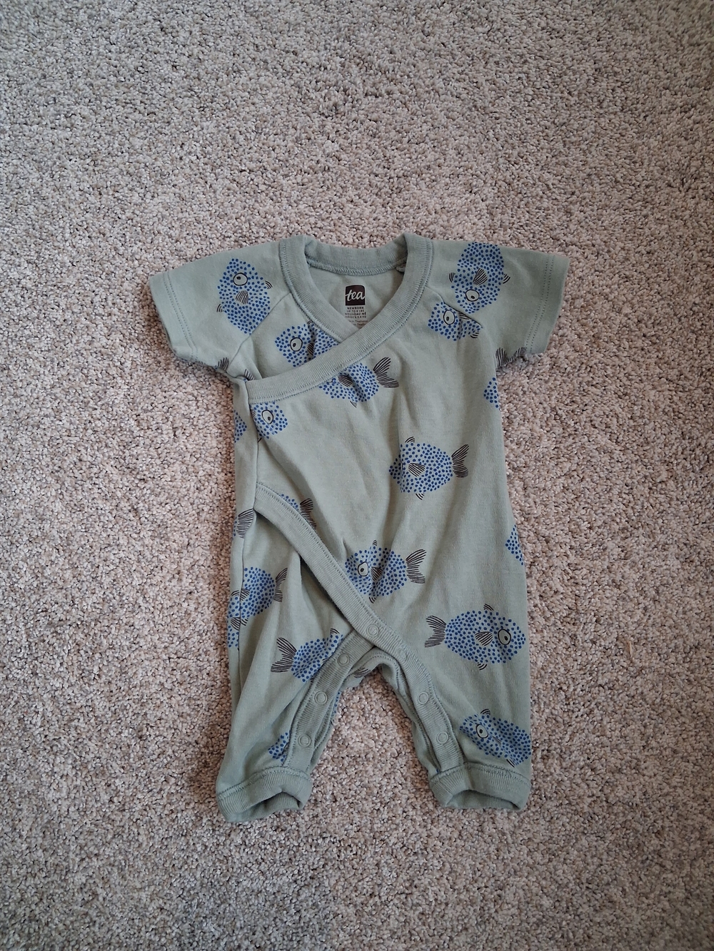Tea Collection Olive Baby One-Piece with Blue Fish Print